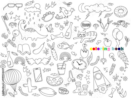 Hand drawn vector set of elements. Many animal, vegetable and amusement objects vector background