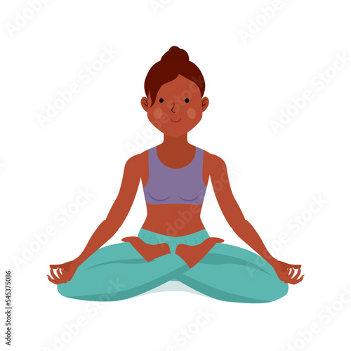 Young beautiful woman practicing yoga sitting in lotus pose with crossed legs isolated vector illustration