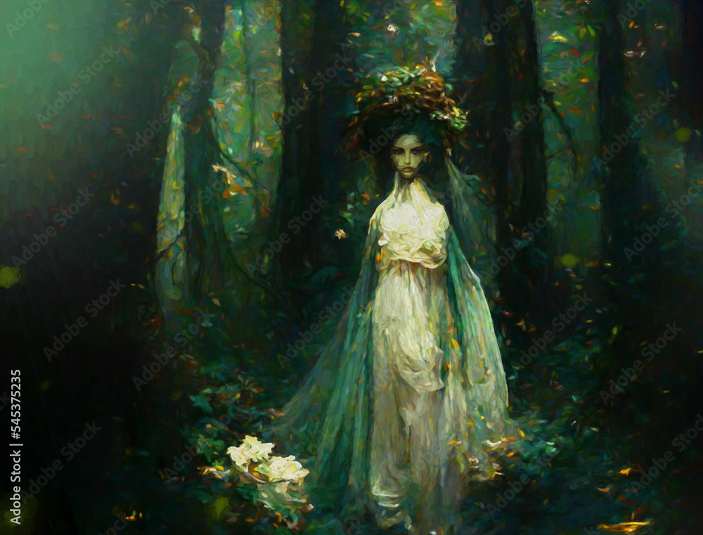 digital painting of a beautiful victorian steam punk wood nymph or dryad in a magical green forest ,illustration . made with the help of AI digital painting of a beautiful victorian steam punk wood nymph or dryad in a magical green forest ,illustration . made with the help of AI