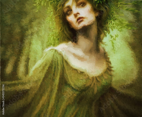 Photos digital painting of a beautiful wood nymph or dryad in a magical green forest ,i