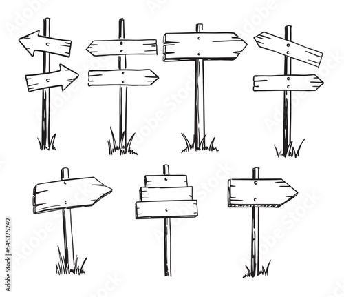 set of wooden signs. Isolated hand drawings on a white background. Arrows pointers, signs, column with pointers