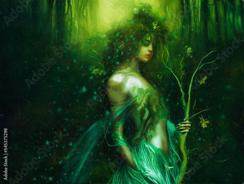 digital painting of a beautiful wood nymph or dryad in a magical green forest ,illustration . made with the help of AI