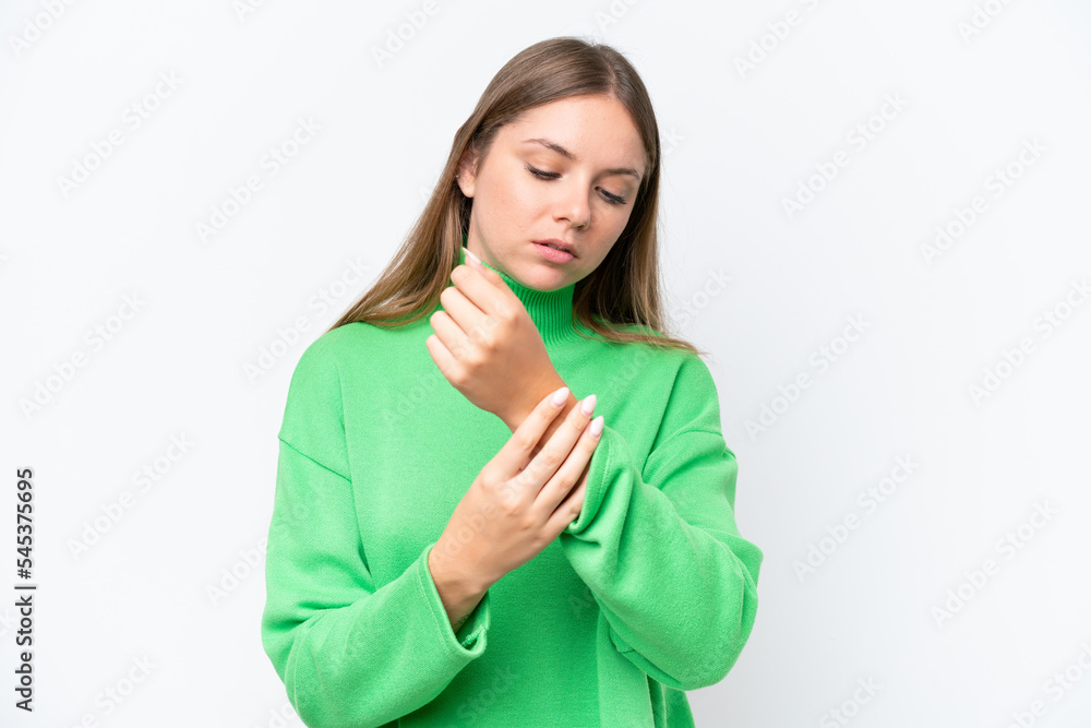 Young beautiful blonde woman isolated on white background suffering from pain in hands Young beautiful blonde woman isolated on white background suffering from pain in hands