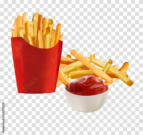 Fried potato or French fries in package with tomato ketchup sauce isolated on transparent background. realistic vector