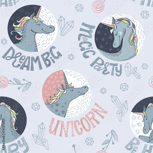 Unicorns with lettering and stars. Seamless pattern. Vector illustration for party, print, baby shower, wallpaper, design