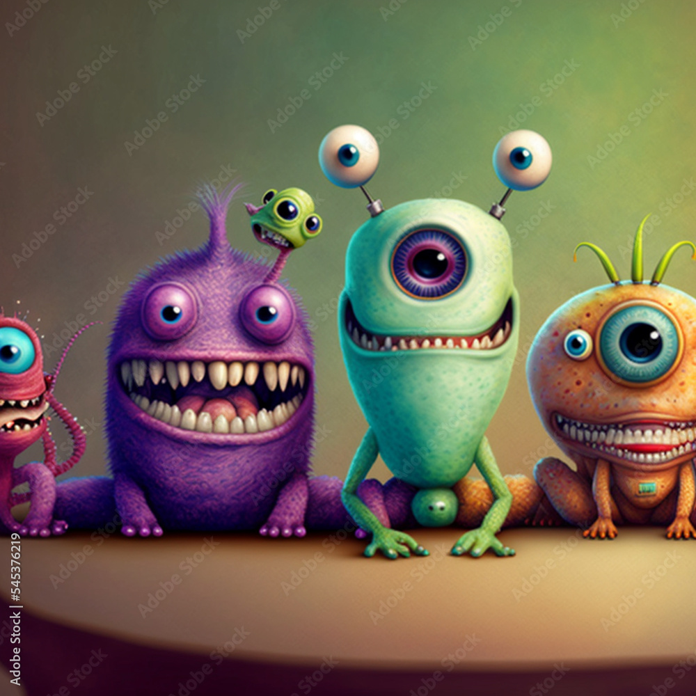 A Group of monsters is in line to visit the dentist. Colorful aliens with teeth in the waiting room, looking at the camera