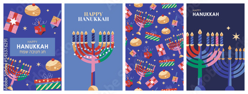 Hanukkah holiday banner design set with menorah, traditional donuts, gift boxes and spinning top. Modern template background for social media. Vector illustration