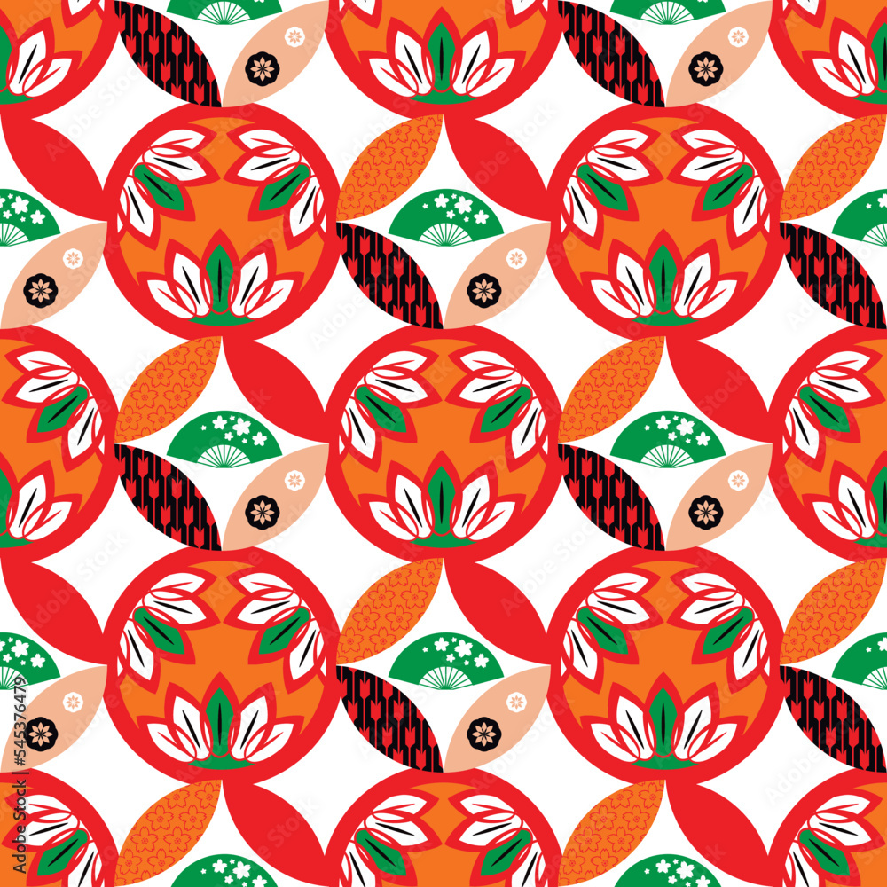Beautiful japanese seamless pattern with clouds, waves, Daruma, plum, fan, sakura flower Vector template kimono asian texture. For printing on packaging, textiles, paper,fabric, manufacturing, wallpa Beautiful japanese seamless pattern with clouds, waves, Daruma, plum, fan, sakura flower Vector template kimono asian texture. For printing on packaging, textiles, paper,fabric, manufacturing, wallpa