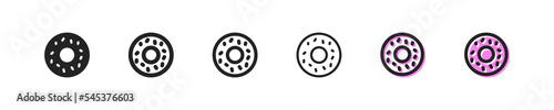 Donut set icon. Sweet, delicious, dessert, high-calorie, stuffing, fresh, soft, dough-boy, doughnut, sinker, fritter, baking. Food concept. Vector line icon for Business and Advertising