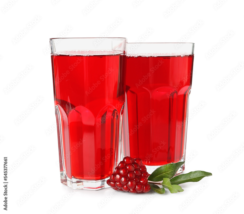 Glasses of fresh pomegranate juice on white background Glasses of fresh pomegranate juice on white background