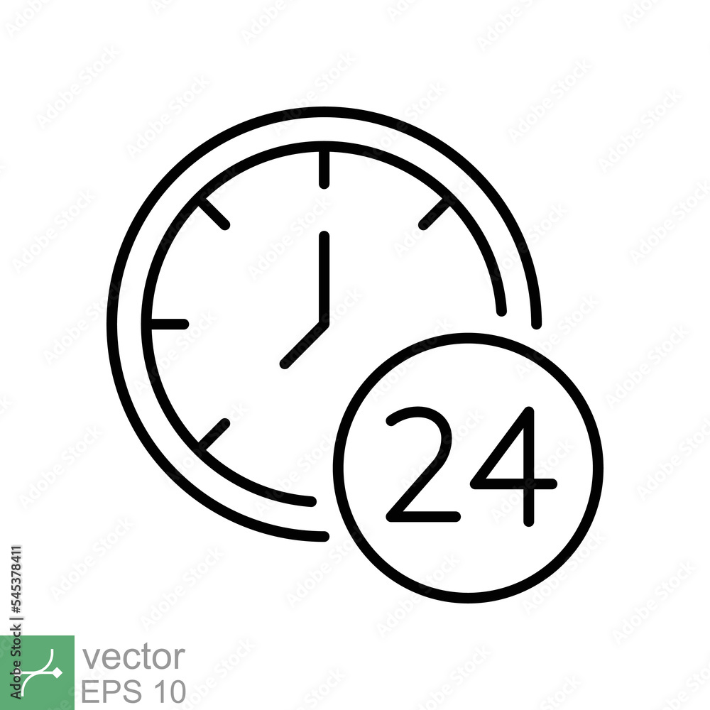 24 hours icon. Simple outline style. Open 7 days, delivery service, customer support concept. Clock and arrow sign. Thin line vector illustration isolated on white background. EPS 10. 24 hours icon. Simple outline style. Open 7 days, delivery service, customer support concept. Clock and arrow sign. Thin line vector illustration isolated on white background. EPS 10.