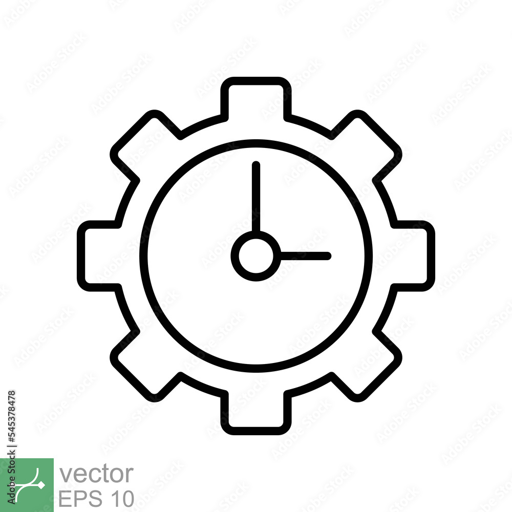 Gear with time line icon. Simple outline style. Work time development, clock and gear, office management concept symbol design. Vector illustration isolated on white background. EPS 10. Gear with time line icon. Simple outline style. Work time development, clock and gear, office management concept symbol design. Vector illustration isolated on white background. EPS 10.