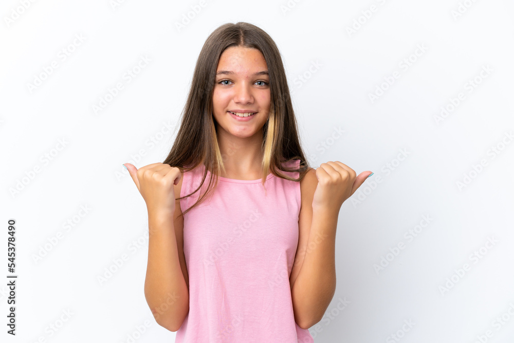 Little caucasian girl isolated on white background with thumbs up gesture and smiling Little caucasian girl isolated on white background with thumbs up gesture and smiling