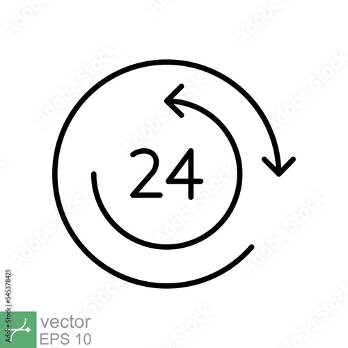 24 hours icon. Simple outline style. Open 7 days, delivery service, customer support concept. Clock and arrow sign. Thin line vector illustration isolated on white background. EPS 10.