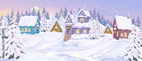 Winter landscape. Cute village houses on snow-covered hills. Fir trees covered with snow, snow paths. Panorama of the winter village landscape. Winter vacation day. The concept of Christmas. Vector