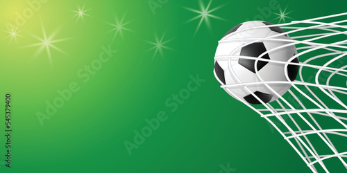 Realistic soccer ball hitting net on green background. Football championship illustration