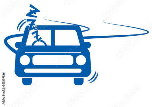 居眠り運転の車のシルエットイラスト。ピクトグラム風の漫画デザイン。