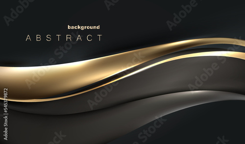 Abstract 3d black background with gold lines curved waves. Luxury golden style template design. Vector illustration.