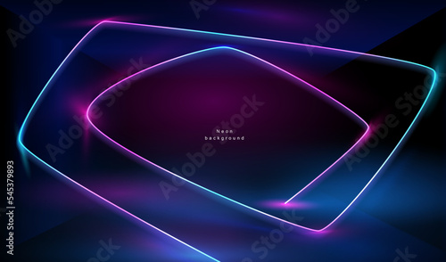 Realistic background with dark blue and pink glowing neon round lamps and light lines in futuristic vector design.