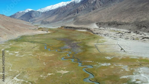 Landscape aerial view of mountains with river and green valley in Himalayas with blue sky in Nubra valley, Jammu and Kashmir, India. photo