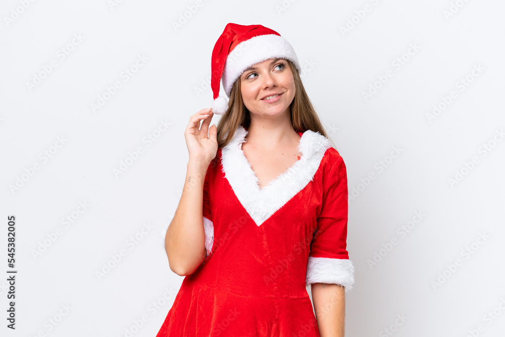 Young caucasian woman dressed as mama noel isolated on white background thinking an idea Young caucasian woman dressed as mama noel isolated on white background thinking an idea