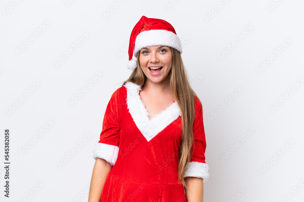 Young caucasian woman dressed as mama noel isolated on white background with surprise facial expression Young caucasian woman dressed as mama noel isolated on white background with surprise facial expression