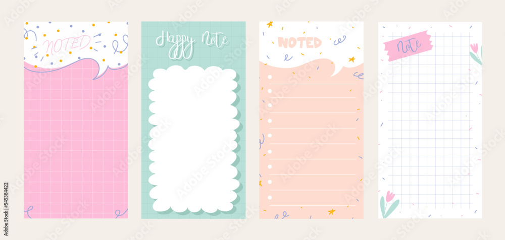 Daily note planners. Weekly scheduler, to do list, note paper or organiser sheets with hand drawn stickers vector illustration set. Cute doodle daily planner. Childish design of check list, meeting