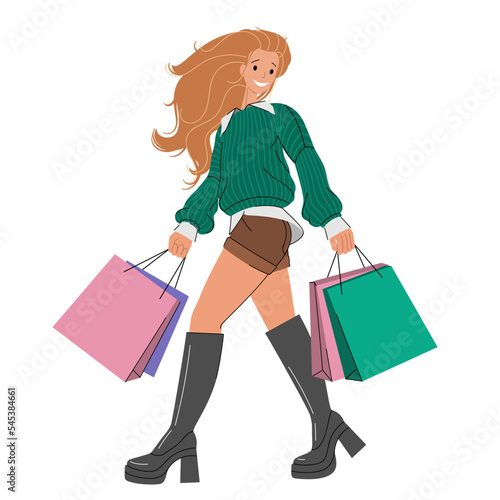 Shopping woman. Girl walking with shopping bags. Sale or discount concept. Trendy flat vector illustration isolated on white background