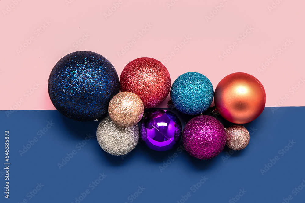 Set of different Christmas balls on color background Set of different Christmas balls on color background