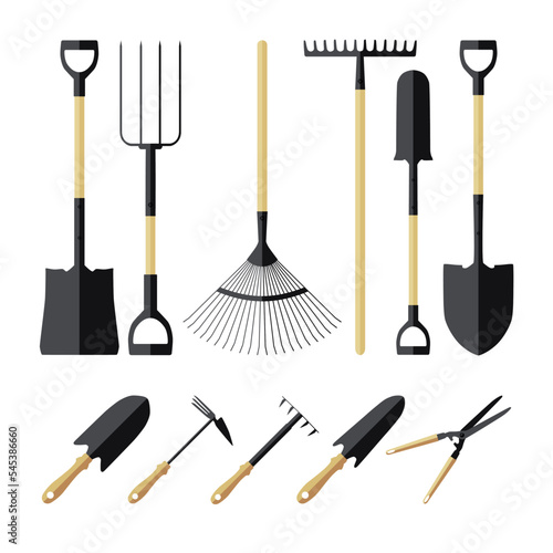 Set garden tools. Colored icons of garden tools. Shovels, rakes and a ripper and garden shears. Vector illustration for design and web.