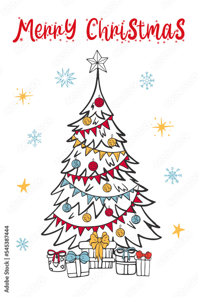 Christmas tree decorated with balls and garlands with gifts underneath. In doodle style for postcards, labels, flyers, banners. Christmas tree decorated with balls and garlands with gifts underneath. In doodle style for postcards, labels, flyers, banners.