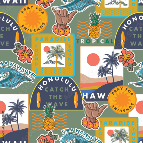 Beautiful Summer tropical Hawaiian sign , Beach Vibes Seamless pattern Vector Illustration