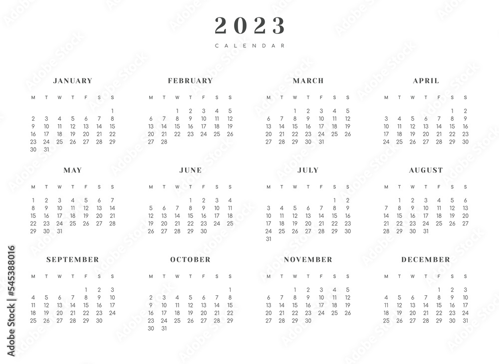 2023 Annual Calendar template. Vector layout of a wall or desk simple calendar with week start monday. 2023 Annual Calendar template. Vector layout of a wall or desk simple calendar with week start monday.