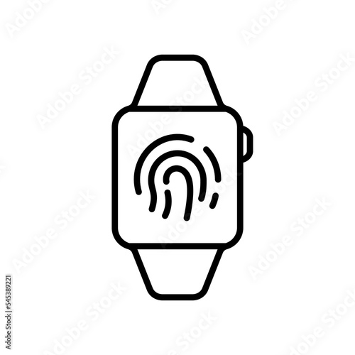 Smart Watch with Fingerprint Identification Technology Line Icon. Touch ID in Smartwatch Linear Pictogram. Clock with Touchscreen Outline Symbol. Editable Stroke. Isolated Vector Illustration
