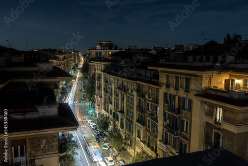 Via Tagliamento at night with light trails, Rome, Italy