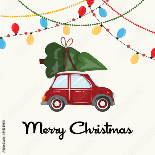 Christmas illustration with a red car and the pine tree on top of it. For cards, invitation, advertisements, posters, prints and any Christmas winter designs.