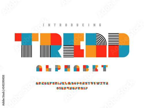Colorful trendy geometry style alphabet design with uppercase, numbers and symbols