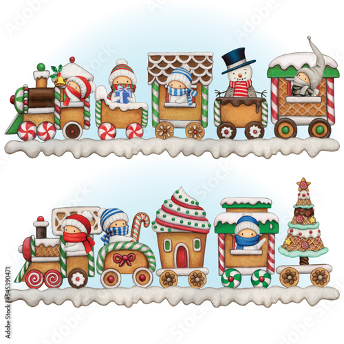 watercolor hand drawn gingerbread train