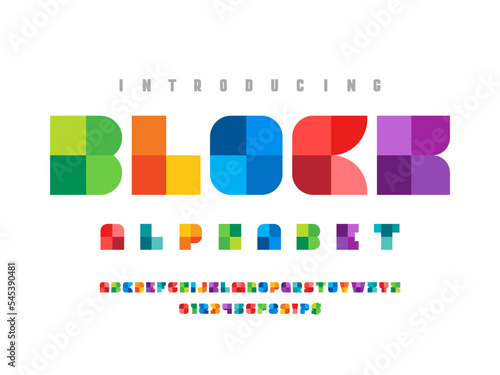 Colorful trendy geometry style alphabet design with uppercase, numbers and symbols