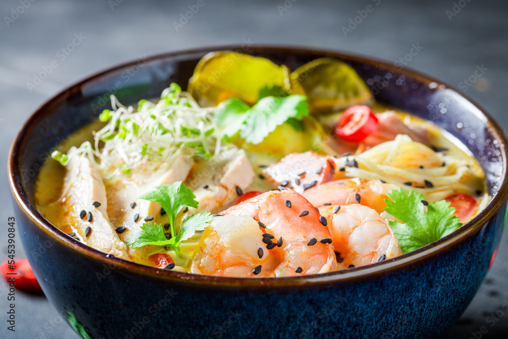 Tasty Malaysian Soup with prawns and chicken. Tasty Malaysian Soup with prawns and chicken.
