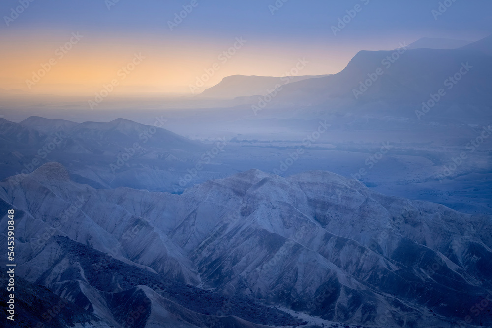 Pannorama view of sunrise over zin river, desert in Israel