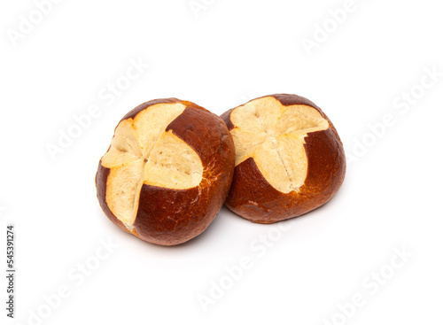 Freshly baked traditional German laugenbrot. Bavarian homemade pretzel rolls lye bread, close-up, isolated on white background