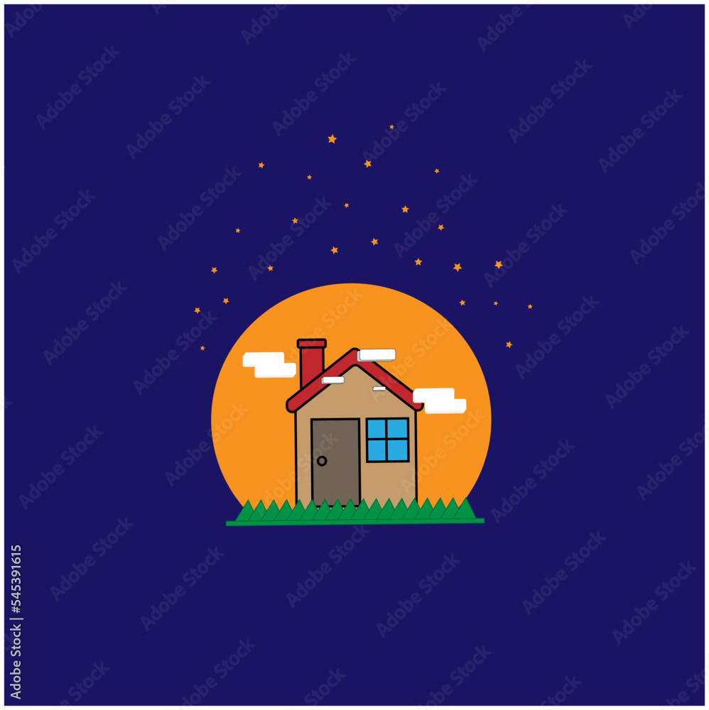 Home vector with little stars, green grass, and clouds created in adobe illustrator Home vector with little stars, green grass, and clouds created in adobe illustrator