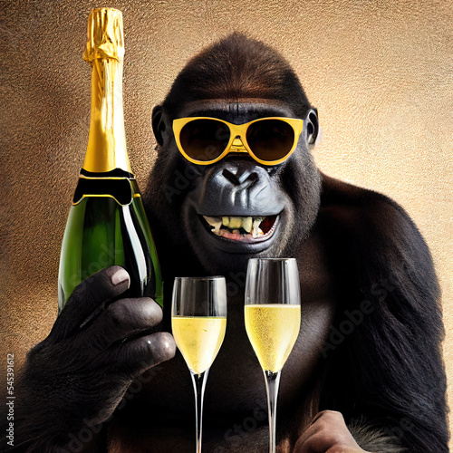 Lustiger Gorilla mit Sektflasche, Sektglas und Brille, Illustration
 photo