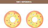 Find 3 differences between two cute yellow donuts.