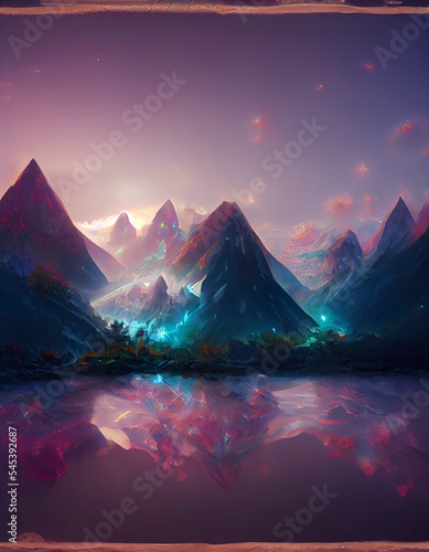 Beautiful landscape of fantasy mountain and colorful background, digital illustration art, fantasy scene concept. Great as wallpaper, backdrop or for use in your art projects.