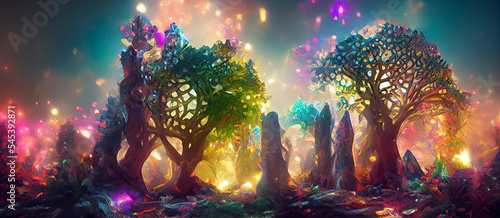 Beautiful fantasy landscape with mountains and forest and colorful background, digital illustration art, fantasy scene concept. Great as wallpaper, backdrop or for use in your art projects.