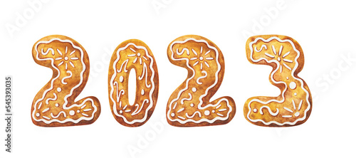 Christmas illustration. Appetizing inscription of 2023 in the form of a gingerbread. An original addition to the new year's design. New year clipart with numbers from cookies with icing