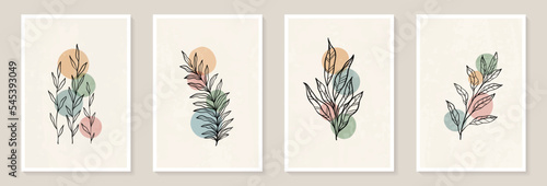 Creative minimalist Abstract art background with leaves branch and Hand Drawn doodle Scribble floral plants.