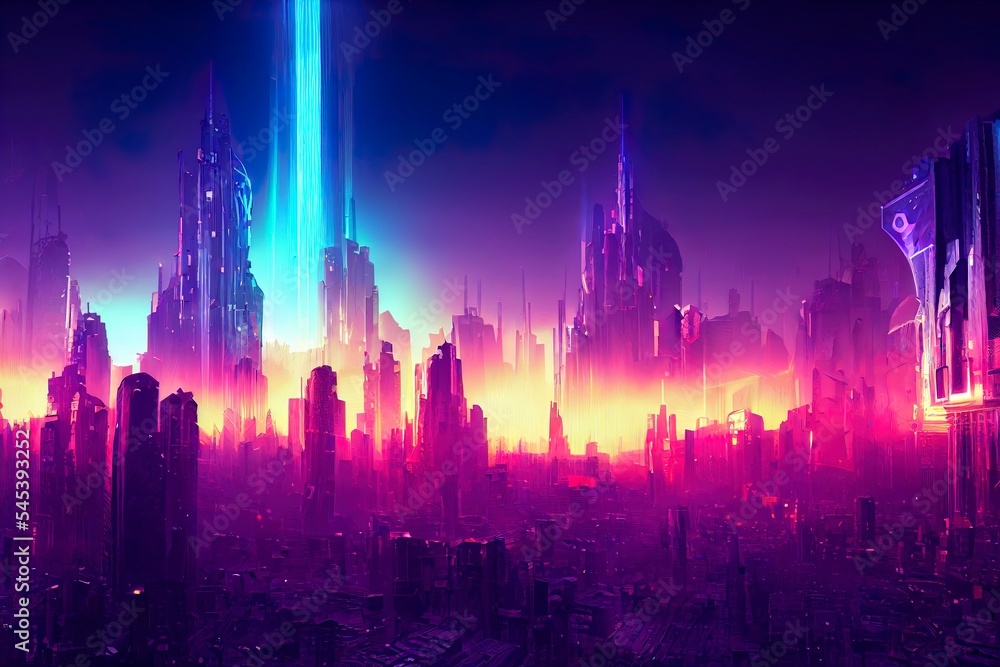 Beautiful landscape of fantasy cityscape and colorful background, digital illustration art, fantasy scene concept. Cyberpunk. Great as wallpaper, backdrop or for use in your art projects.